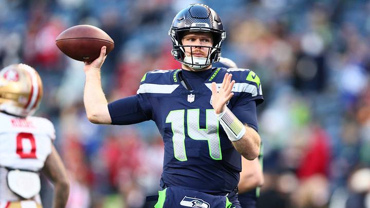 Seattle Seahawks quarterback Sam Darnold warms up prior to a game against the San Francisco 49ers. Seattle Seahawks quarterback Sam Darnold warms up prior to a game against the San Francisco 49ers.