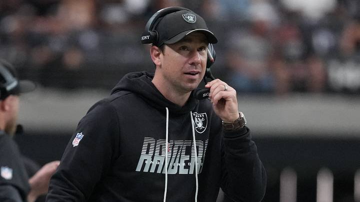 Sep 13, 2026; Paradise, Nevada, USA;  Las Vegas Raiders head coach Klint Kubiak looks on in the second quarter against the Miami Dolphins at Allegiant Stadium.  Mandatory Credit: Kirby Lee-Imagn Images