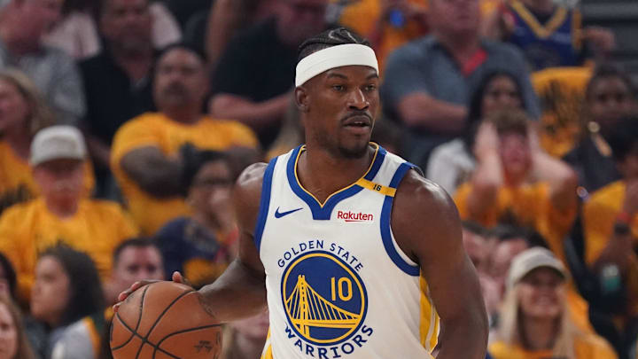 May 10, 2025; San Francisco, California, USA; Golden State Warriors forward Jimmy Butler III (10) dribbles upcourt against the Minnesota Timberwolves in the first quarter during game three of the second round for the 2025 NBA Playoffs at Chase Center. Mandatory Credit: David Gonzales-Imagn Images