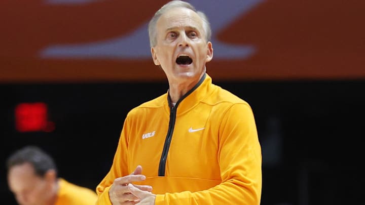 Nov 3, 2025; Knoxville, Tennessee, USA;  Tennessee Volunteers head coach Rick Barnes during the first half against the Mercer Bears at Thompson-Boling Arena at Food City Center. Mandatory Credit: Randy Sartin-Imagn Images
