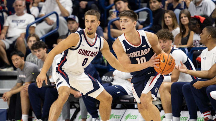 Gonzaga Bulldogs guards Cade Orness (0) and Joaquim ArauzMoore (10).