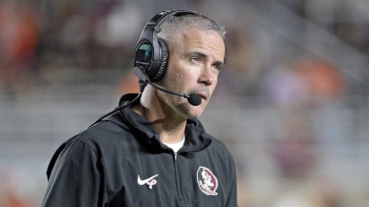 Oct 5, 2024; Tallahassee, Florida, USA; Florida State Seminoles head coach Mike Norvell looks on during the second half against the Clemson Tigers at Doak S. Campbell Stadium. Mandatory Credit: Melina Myers-Imagn Images