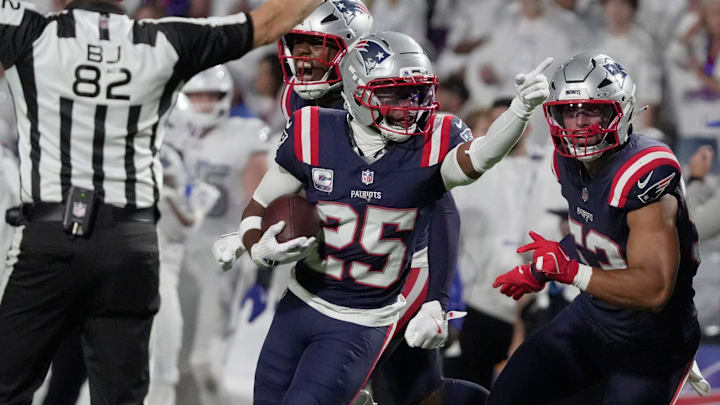 New England Patriots cornerback Marcus Jones celebrates his interception during second half action at Highmark Stadium in Orchard Park on Oct. 5, 2025. New England Patriots cornerback Marcus Jones celebrates his interception during second half action at Highmark Stadium in Orchard Park on Oct. 5, 2025.