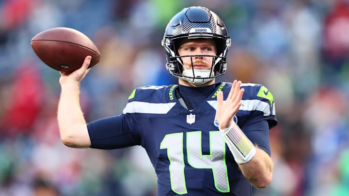 Seattle Seahawks quarterback Sam Darnold is a starter in Michael Fabiano's One-And-Done Super Bowl lineup. 
