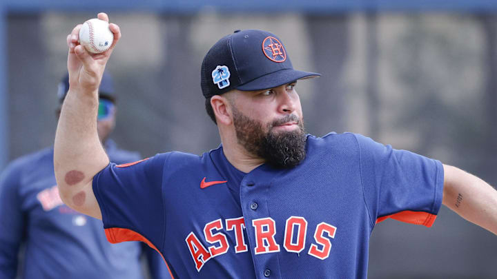 Feb 19, 2023; West Palm Beach, FL, USA;  Houston Astros starting pitcher Jose Urquidy (65) throws to first base during spring training workouts at the Ballpark of the Palm Beaches. Mandatory Credit: Reinhold Matay-Imagn Images