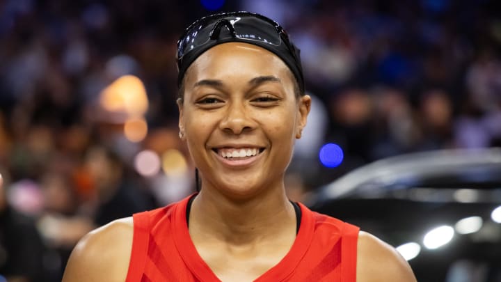 Jul 19, 2024; Phoenix, AZ, USA; Atlanta Dream player Allisha Gray reacts after winning the skills challenge during the WNBA All-Star Skills Night at the Footprint Center. Mandatory Credit: Mark J. Rebilas-USA TODAY Sports Jul 19, 2024; Phoenix, AZ, USA; Atlanta Dream player Allisha Gray reacts after winning the skills challenge during the WNBA All-Star Skills Night at the Footprint Center. Mandatory Credit: Mark J. Rebilas-USA TODAY Sports