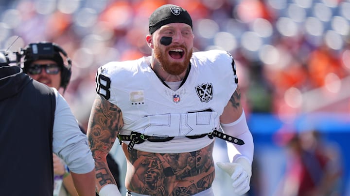 Oct 6, 2024; Denver, Colorado, USA; Las Vegas Raiders defensive end Maxx Crosby (98) before the game against the Denver Broncos at Empower Field at Mile High. Mandatory Credit: Ron Chenoy-Imagn Images