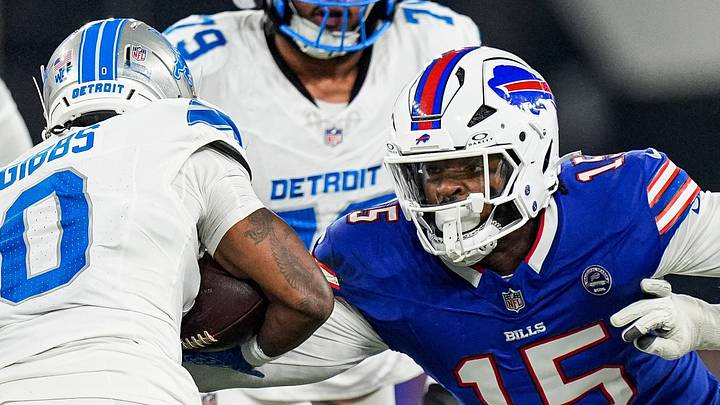 Buffalo Bills outside linebacker Greg Rousseau (15) tackles Detroit Lions running back Jahmyr Gibbs (0) during the first half at Highmark Stadium in Orchard Park, NY, on Thursday, Sept. 17, 2026. Buffalo Bills outside linebacker Greg Rousseau (15) tackles Detroit Lions running back Jahmyr Gibbs (0) during the first half at Highmark Stadium in Orchard Park, NY, on Thursday, Sept. 17, 2026.