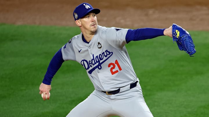 Oct 28, 2024; New York, New York, USA; Los Angeles Dodgers pitcher Walker Buehler (21) throws during the first inning in game three of the 2024 MLB World Series against the New York Yankees at Yankee Stadium