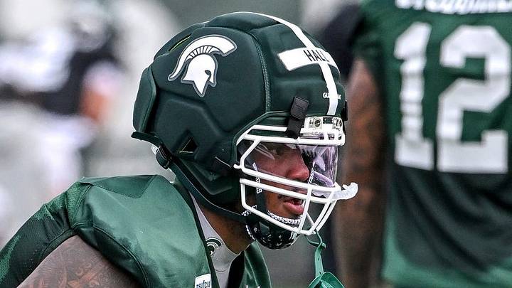 Michigan State’s Jordan Hall works out during a drill at football practice on Thursday, Aug. 6, 2026, in East Lansing. Michigan State’s Jordan Hall works out during a drill at football practice on Thursday, Aug. 6, 2026, in East Lansing.