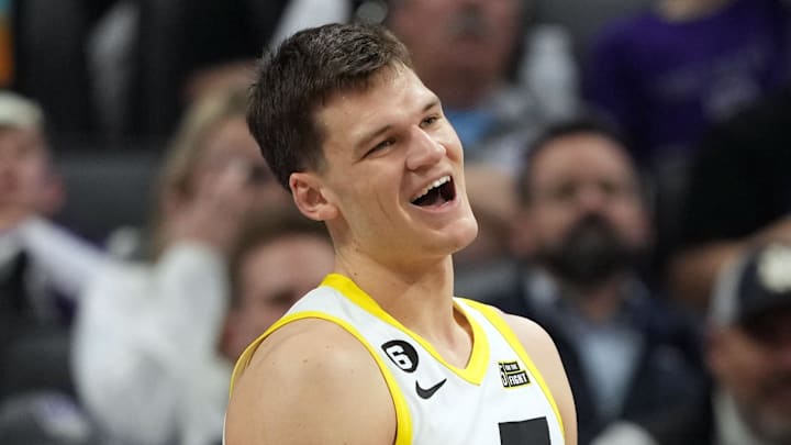 Mar 25, 2023; Sacramento, California, USA; Utah Jazz center Walker Kessler (24) reacts during the fourth quarter against the Sacramento Kings at Golden 1 Center. Mandatory Credit: Darren Yamashita-Imagn Images