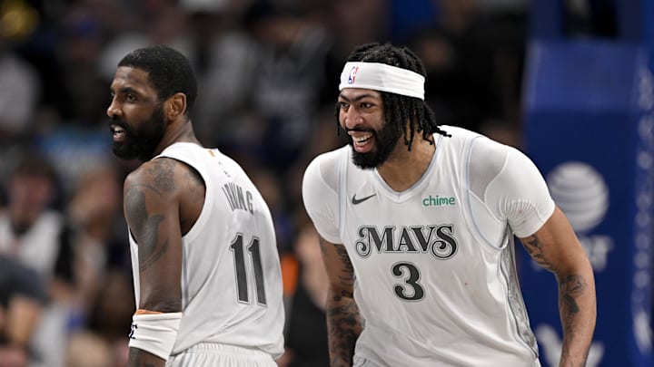 Feb 8, 2025; Dallas, Texas, USA; Dallas Mavericks forward Anthony Davis (3) and guard Kyrie Irving (11) celebrates after Davis dunks the ball during the game between the Dallas Mavericks and the Houston Rockets at the American Airlines Center. Mandatory Credit: Jerome Miron-Imagn Images Feb 8, 2025; Dallas, Texas, USA; Dallas Mavericks forward Anthony Davis (3) and guard Kyrie Irving (11) celebrates after Davis dunks the ball during the game between the Dallas Mavericks and the Houston Rockets at the American Airlines Center. Mandatory Credit: Jerome Miron-Imagn Images