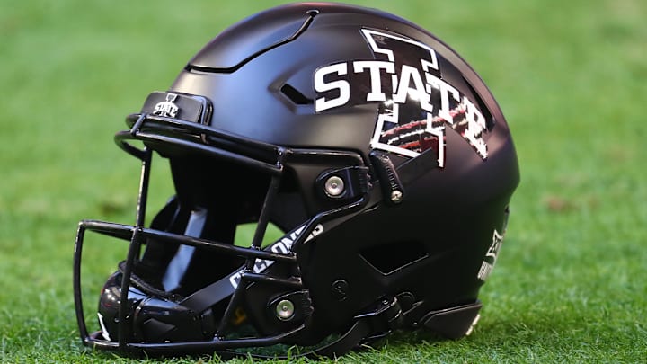 Jan 2, 2021; Glendale, AZ, USA; Detailed view of an Iowa State Cyclones helmet during the Fiesta Bowl at State Farm Stadium.