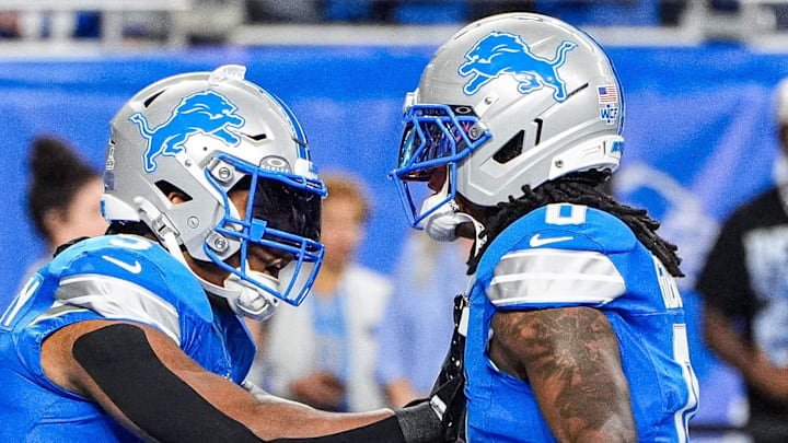 Detroit Lions running back David Montgomery (5), left, warm up with running back Jahmyr Gibbs (0) ahead of the Cleveland Browns game at Ford Field in Detroit on Sunday, Sept. 28, 2025. Detroit Lions running back David Montgomery (5), left, warm up with running back Jahmyr Gibbs (0) ahead of the Cleveland Browns game at Ford Field in Detroit on Sunday, Sept. 28, 2025.