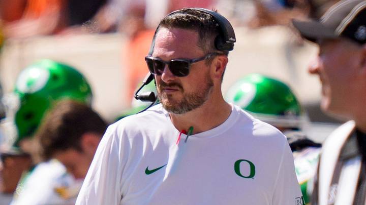 Oregon head coach Dan Lanning looks on as the Oregon Ducks face the Oklahoma State Cowboys on Sept. 12, 2026, at Boone Pickens Stadium in Stillwater, Oklahoma. Oregon head coach Dan Lanning looks on as the Oregon Ducks face the Oklahoma State Cowboys on Sept. 12, 2026, at Boone Pickens Stadium in Stillwater, Oklahoma.