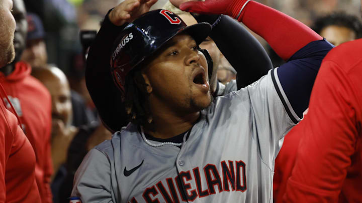 Oct 10, 2024; Detroit, Michigan, USA; Cleveland Guardians third base Jose Ramirez (11) celebrates after hitting a home run in the fifth inning against the Detroit Tigers during game four of the ALDS for the 2024 MLB Playoffs at Comerica Park. Mandatory Credit: Rick Osentoski-Imagn Images