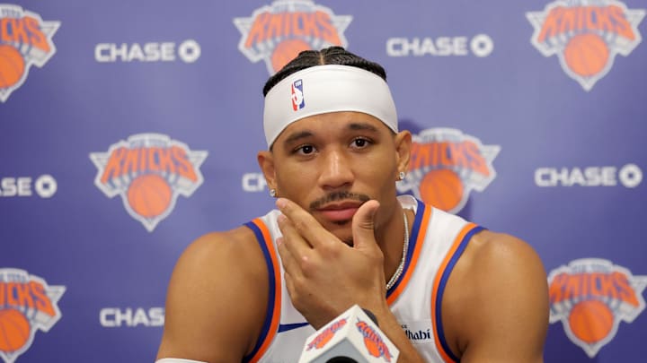 Sep 23, 2025; New York, NY, USA; New York Knicks guard Josh Hart speaks to the media during a media day press conference at the Madison Square Garden training center. Mandatory Credit: Brad Penner-Imagn Images