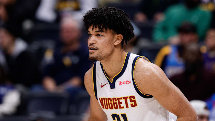 Dec 27, 2024; Denver, Colorado, USA; Denver Nuggets forward Spencer Jones (21) in the fourth quarter against the Cleveland Cavaliers at Ball Arena.