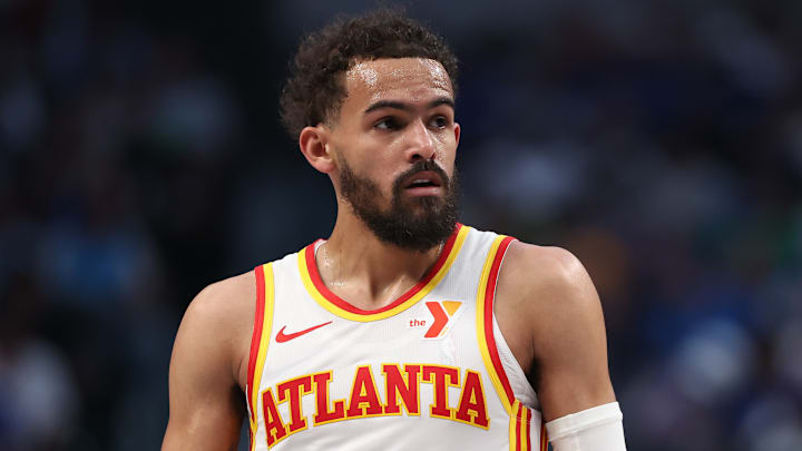 Trae Young #5 of the Atlanta Hawks looks on against the Dallas Mavericks.