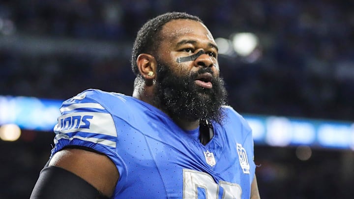 Detroit Lions defensive end Isaiah Buggs (96) walks off the field after recovering the fumble from Denver Broncos quarterback Russell Wilson (3) during the first half at Ford Field in Detroit on Saturday, Dec. 16, 2023. Detroit Lions defensive end Isaiah Buggs (96) walks off the field after recovering the fumble from Denver Broncos quarterback Russell Wilson (3) during the first half at Ford Field in Detroit on Saturday, Dec. 16, 2023.