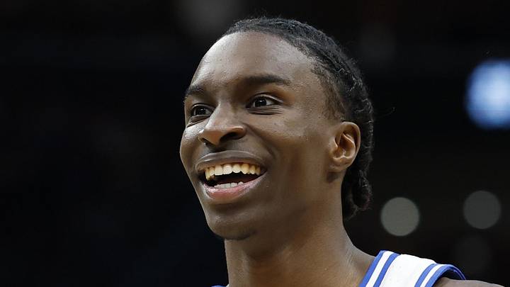 Mar 29, 2026; Washington, DC, USA; Duke Blue Devils guard Dame Sarr (7) reacts after a play against the UConn Huskies in the first half during an Elite Eight game of the East Regional of the men's 2026 NCAA Tournament at Capital One Arena. Mandatory Credit: Amber Searls-Imagn Images