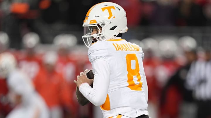 Tennessee quarterback Nico Iamaleava (8) looks for an open receiver during the NCAA college football playoff game against Ohio State on Saturday, Dec. 21, 2024, in Columbus, Ohio.