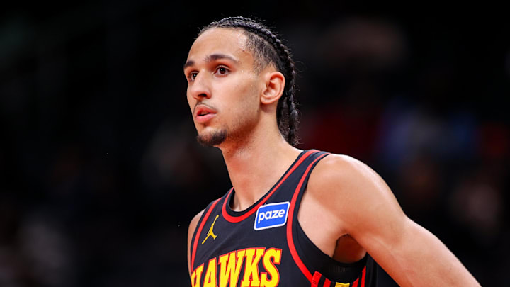 Zaccharie Risacher in action against the Miami Heat in the fourth quarter at State Farm Arena.
