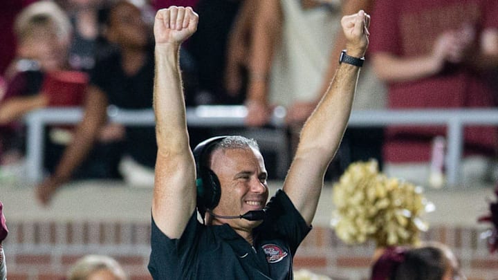 Florida State Seminoles head coach Mike Norvell celebrates a pick six. The Florida State Seminoles defeated the Southern Miss Golden Eagles on Saturday, Sept. 9, 2023.