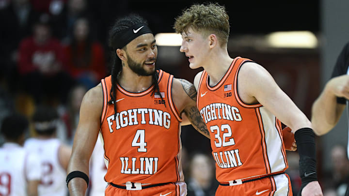 Illinois guards Kylan Boswell (4) and Kasparas Jakucionis (32) celebrate against Indiana at Simon Skjodt Assembly Hall. 