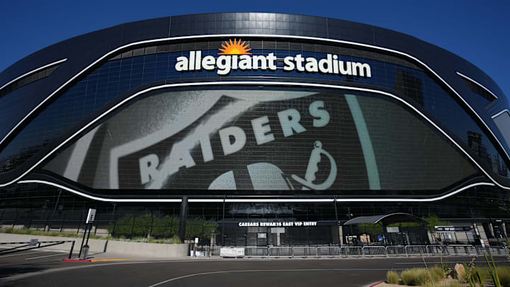 Sep 18, 2022; Paradise, Nevada, USA; A general overall view of the Las Vegas Raiders logo at Allegiant Stadium. Mandatory Credit: Kirby Lee-Imagn Images