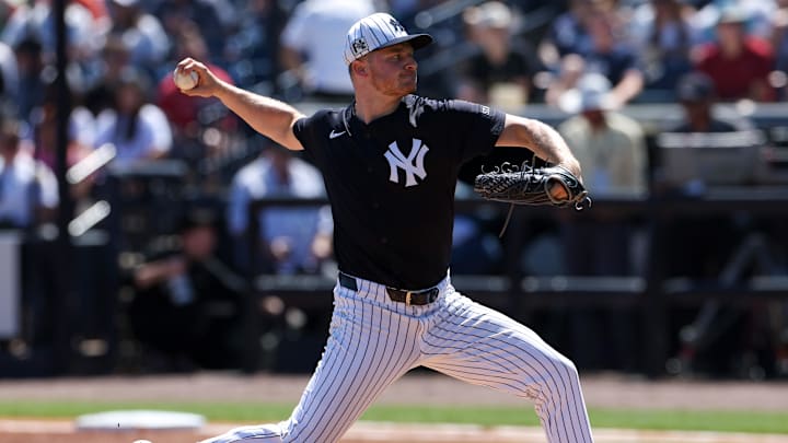 Mar 11, 2025; Tampa, Florida, USA; New York Yankees pitcher Clarke Schmidt (36) throws a pitch against the Baltimore Orioles in the first inning during spring training at George M. Steinbrenner Field.