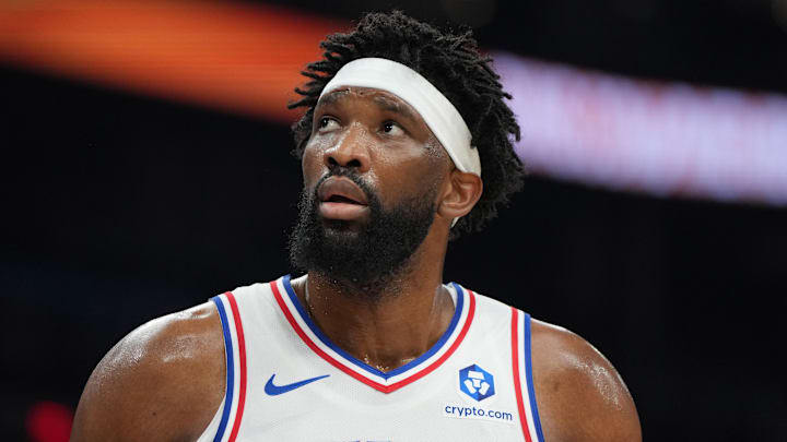 Philadelphia 76ers center Joel Embiid (21) reacts against the Phoenix Suns during the first half of an NBA game at Mortgage Matchup Center. Philadelphia 76ers center Joel Embiid (21) reacts against the Phoenix Suns during the first half of an NBA game at Mortgage Matchup Center.
