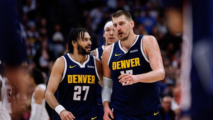 Apr 6, 2026; Denver, Colorado, USA; Denver Nuggets guard Jamal Murray (27) and center Nikola Jokic (15) in the fourth quarter against the Portland Trail Blazers at Ball Arena. Mandatory Credit: Isaiah J. Downing-Imagn Images