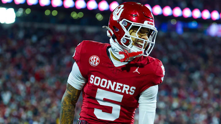 Oklahoma receiver Isaiah Sategna celebrates a go-ahead touchdown against LSU.