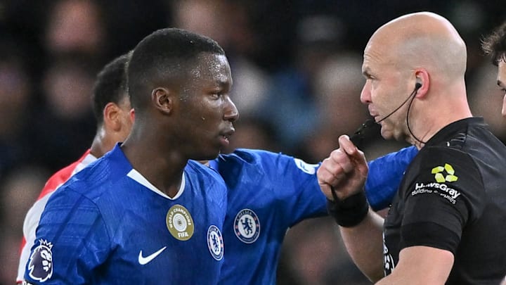 Moisés Caicedo (left) was shown a red card after a VAR review against Arsenal.