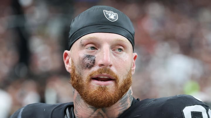 Sep 28, 2025; Paradise, Nevada, USA; Las Vegas Raiders defensive end Maxx Crosby (98) looks on from the sideline during the first quarter against the Chicago Bears at Allegiant Stadium. Mandatory Credit: Kiyoshi Mio-Imagn Images