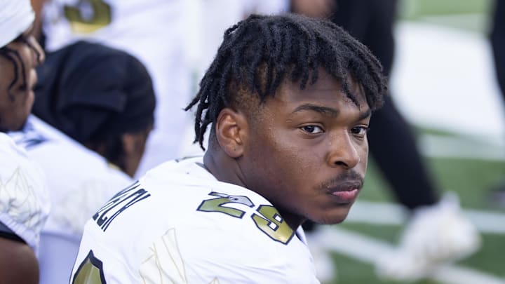 Oct 19, 2024; Tucson, Arizona, USA; Colorado Buffalos running back Micah Welch (29) against the Arizona Wildcats at Arizona Stadium. Mandatory Credit: Mark J. Rebilas-Imagn Images