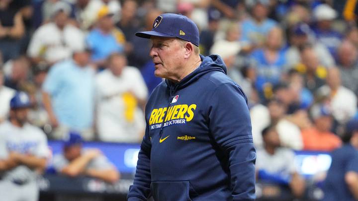 Oct 12, 2026; Milwaukee, Wisconsin, USA;  Milwaukee Brewers manager Pat Murphy (00) walks to the dugout after removing pitcher Abner Uribe (not pictured) from the game against the Los Angeles Dodgers during the eighth inning in game two of the NLCS for the 2026 MLB Playoffs at American Family Field.  Mandatory Credit: Michael McLoone-Imagn Images