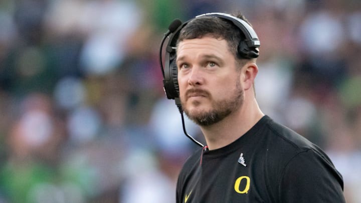 Oregon head coach Dan Lanning looks to the clock towards the end of the first half as the Oregon Ducks face the Ohio State Buckeyes Wednesday, Jan. 1, 2025, in the quarterfinal of the College Football Playoff at the Rose Bowl in Pasadena, Calif. Oregon head coach Dan Lanning looks to the clock towards the end of the first half as the Oregon Ducks face the Ohio State Buckeyes Wednesday, Jan. 1, 2025, in the quarterfinal of the College Football Playoff at the Rose Bowl in Pasadena, Calif.