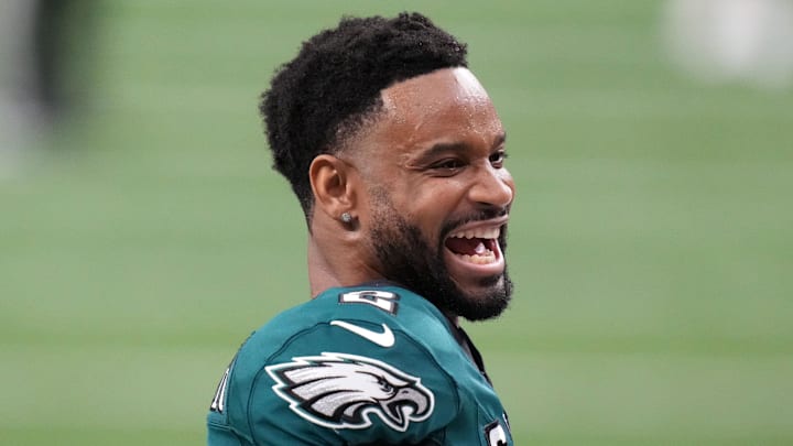 Philadelphia Eagles cornerback Darius Slay warms up for Super BowL LIX.