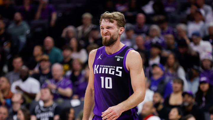 Dec 22, 2023; Sacramento, California, USA; Sacramento Kings forward Domantas Sabonis (10) reacts after getting hit in the face during the first quarter against the Phoenix Suns at Golden 1 Center. Dec 22, 2023; Sacramento, California, USA; Sacramento Kings forward Domantas Sabonis (10) reacts after getting hit in the face during the first quarter against the Phoenix Suns at Golden 1 Center.