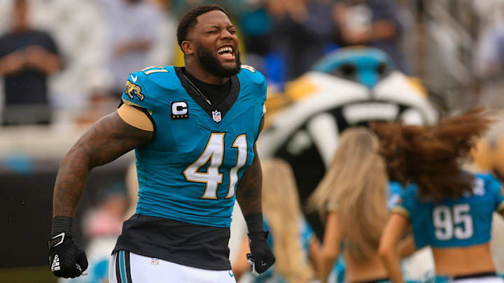 Jacksonville Jaguars defensive end Josh Hines-Allen (41) is introduced before an NFL football matchup Sunday, Oct. 6, 2024 at EverBank Stadium in Jacksonville, Fla. The Jaguars edged the Colts on a field goal 37-34. [Corey Perrine/Florida Times-Union]