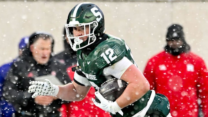 Michigan State's Jack Velling runs after a catch against Rutgers during the second quarter on Saturday, Nov. 30, 2024, at Spartan Stadium in East Lansing.