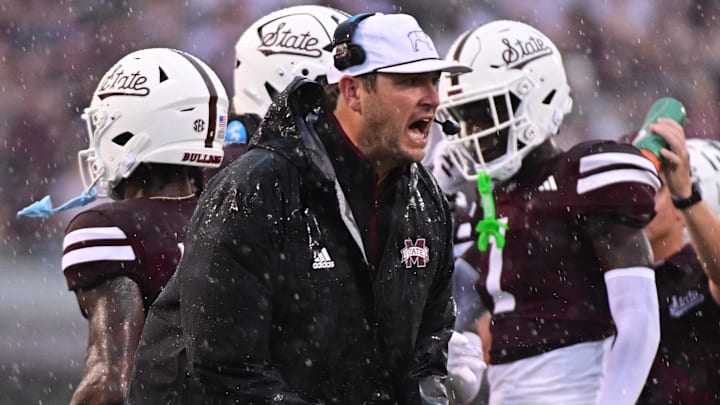 Mississippi State Bulldogs head coach Jeff Lebby reacts during the first quarter of the game against the Eastern Kentucky Colonels at Davis Wade Stadium at Scott Field. 