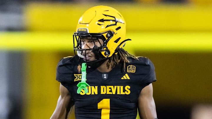 Oct 25, 2025; Tempe, Arizona, USA; Arizona State Sun Devils defensive back Keith Abney II (1) against the Houston Cougars at Mountain America Stadium. Mandatory Credit: Mark J. Rebilas-Imagn Images