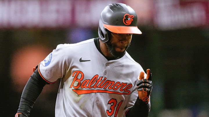 May 19, 2025; Milwaukee, Wisconsin, USA;  Baltimore Orioles center fielder Cedric Mullins (31) celebrates while rousing the bases after hitting a home run during the seventh inning against the Milwaukee Brewers at American Family Field. 