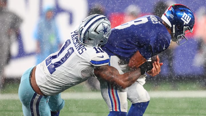 New York Giants - quarterback Daniel Jones sacked by Dallas Cowboys linebacker Micah Parsons