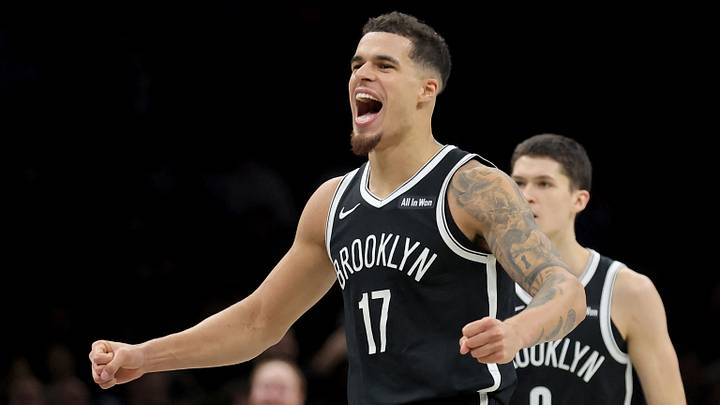 Dec 1, 2025; Brooklyn, New York, USA; Brooklyn Nets forward Michael Porter Jr. (17) reacts during the fourth quarter against the Charlotte Hornets at Barclays Center. Mandatory Credit: Brad Penner-Imagn Images