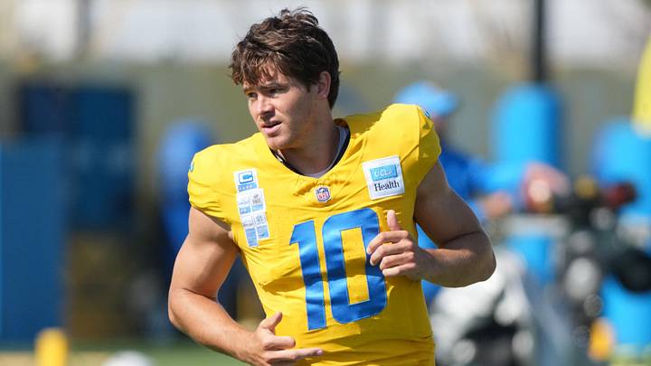 Aug 7, 2025; El Segundo, CA, USA; Los Angeles Chargers quarterback Justin Herbert (10) reacts during training camp at The Bolt. Mandatory Credit: Kirby Lee-Imagn Images