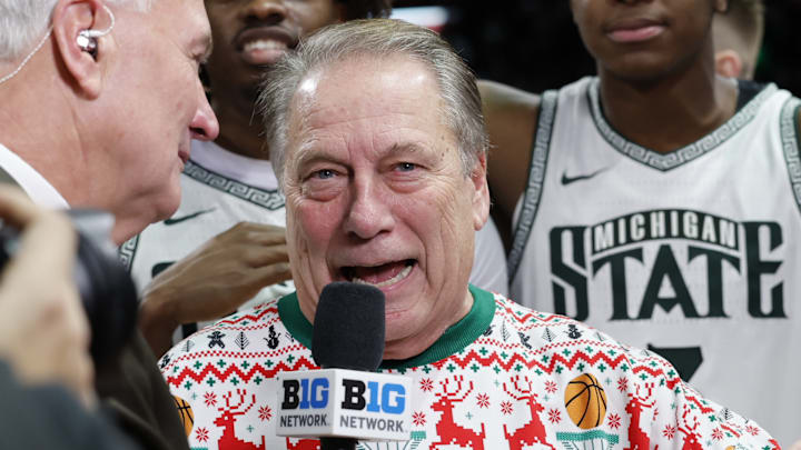 Michigan State Spartans head coach Tom Izzo does an interview following a 79-70 win over the Oakland Golden Grizzlies at Little Caesars Arena on Saturday, Dec. 20, 2025.